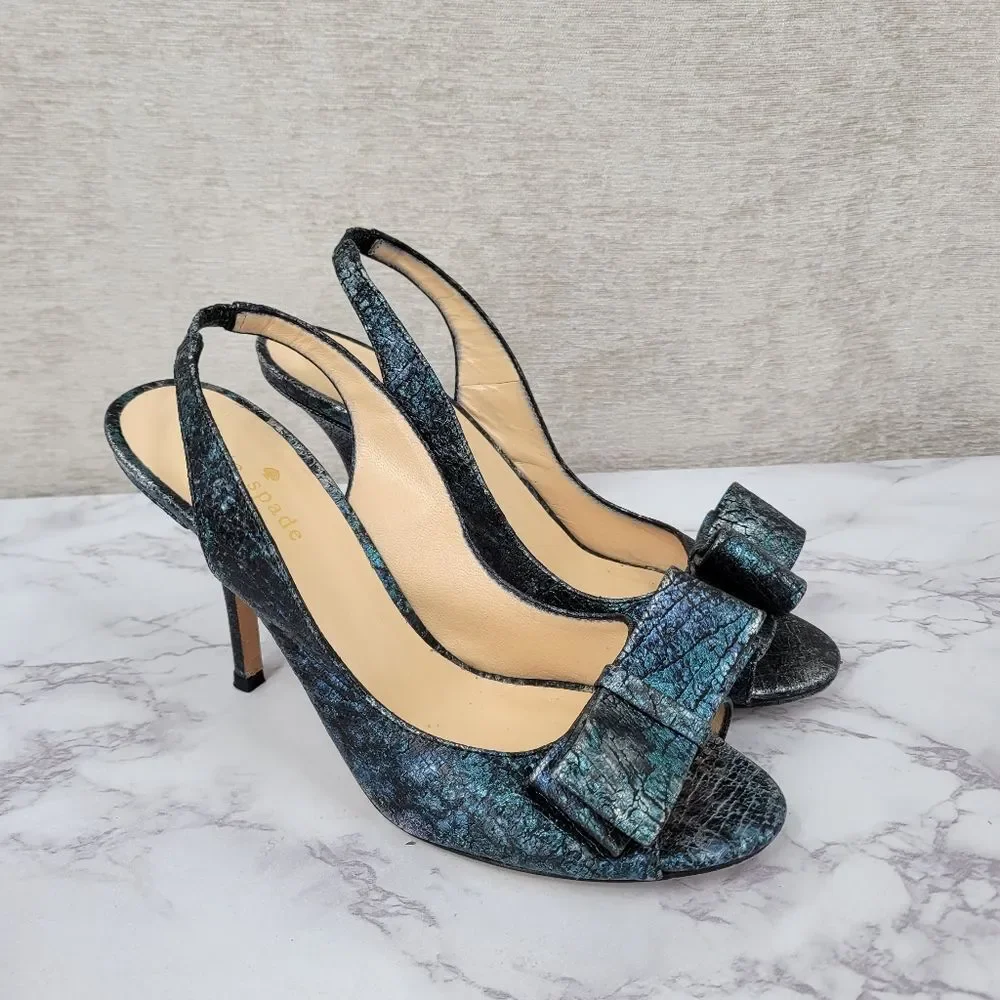 Kate Spade Leather Metallic Teal Silver Black Slingback Heels Bow Open Peep Toe